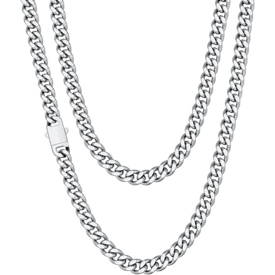 Fiusem Silver Tone/Black/14K Gold Plated Chain Necklace for Men, 6mm/7.5mm/8mm/9mm Silver Colored Stainless Steel Cuban Link Chain Necklace, Men's Chains 18-28 Inch